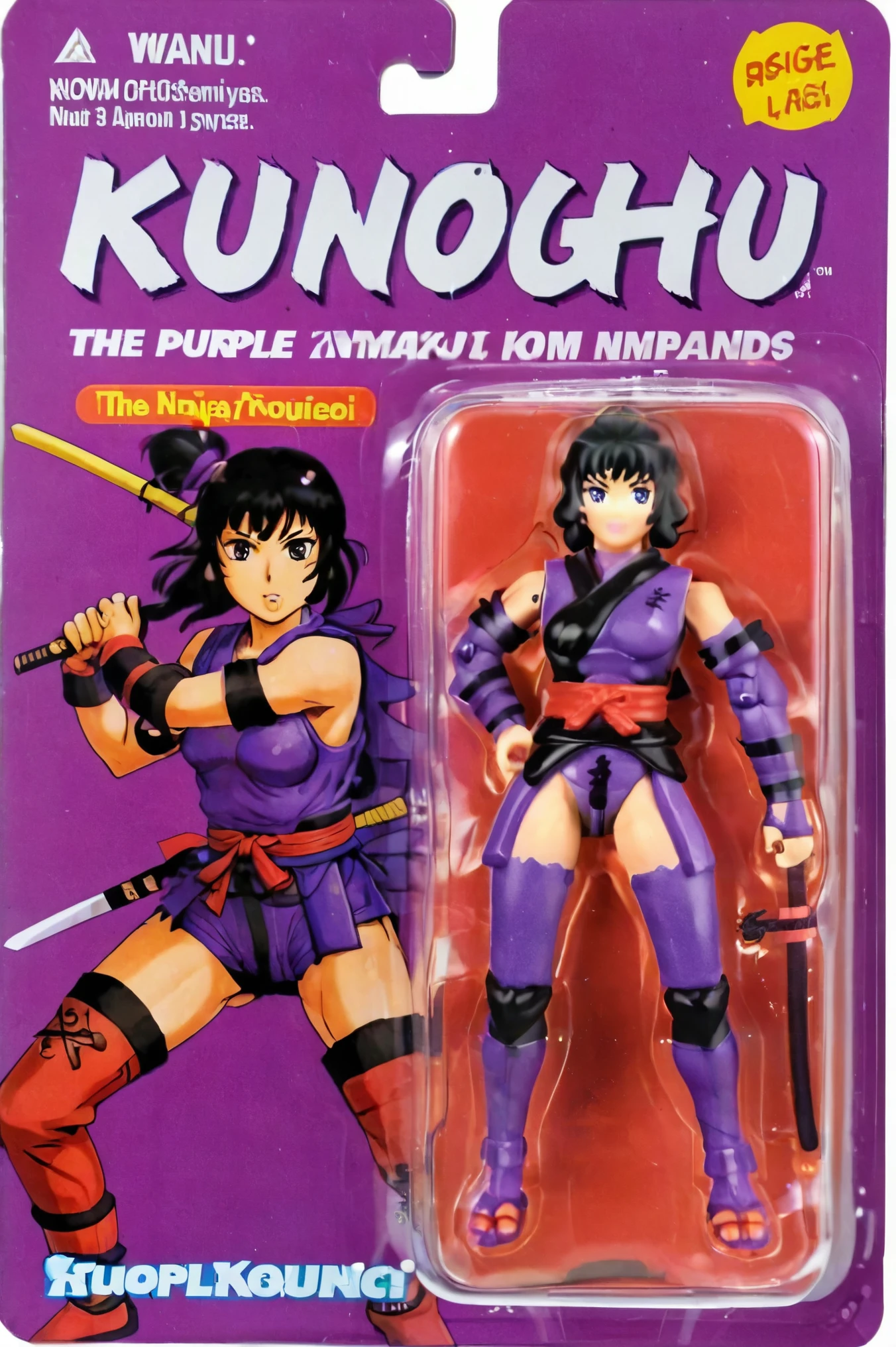 a toy of Kunoichi the ninja lady from the TV show, purple costume, the name 'kouga ninpouchou' is printed in thick bold letters,