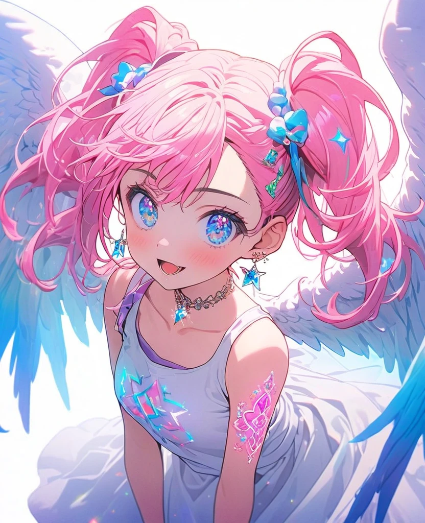 8K,Real,Gal，美しくRealな肌,Sparkling jewel earrings，Sparkly pink glitter tattoo,Long colorful hair,blue eyes,Tank top,Angel Wings,whole body