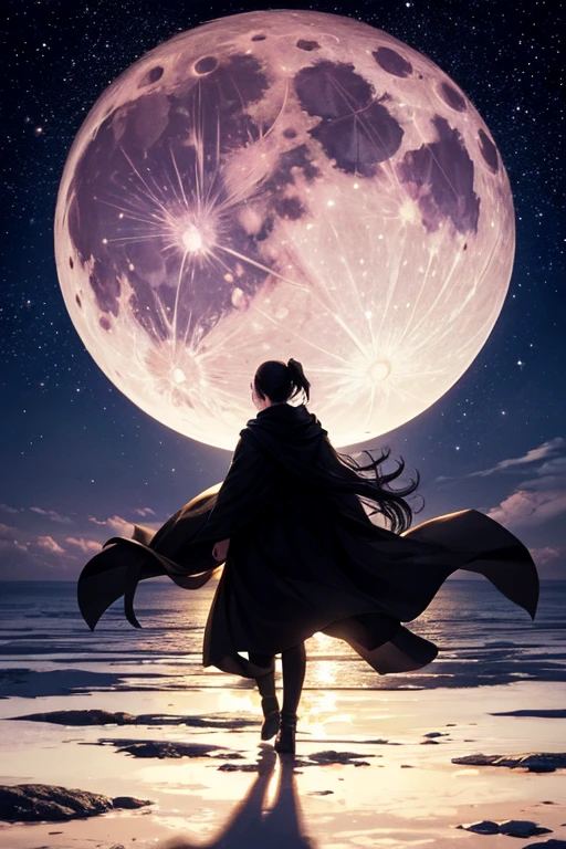 Highest quality,Big moon and shadow,A silhouette of a person can be seen against the backdrop of a large moon.,There is one full moon,There is a mood,Beautiful scenery,Starry Sky