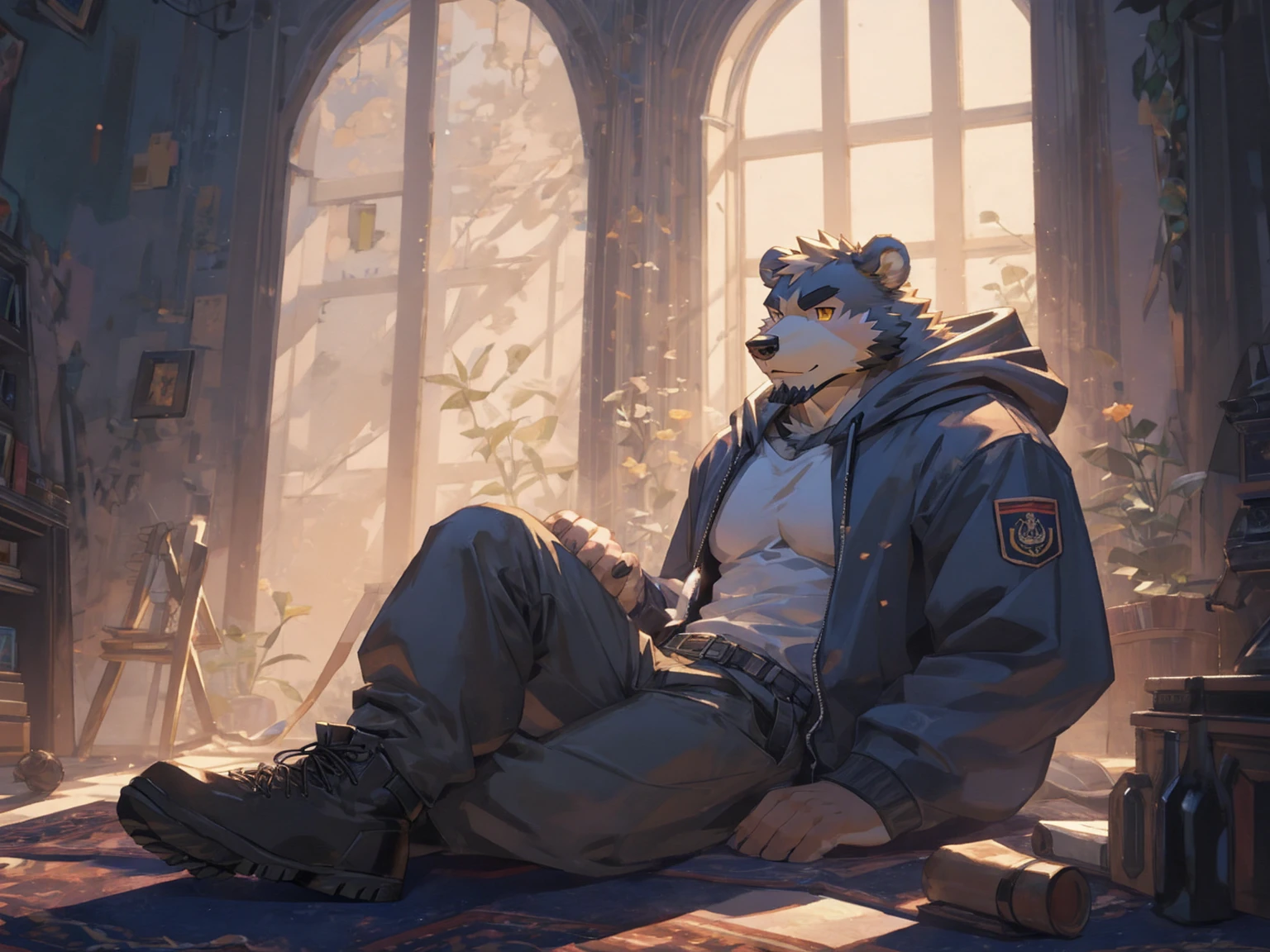 (masterpiece:1.2), best quality,pixiv,official art,perfect anatomy, (Ray tracing, light),solo, (1_male:1.3) , (muscle), (grey fur:1.4), (muscle bear), (beard:1.2), (gleaming golden eyes), bear tail, Thick black eyebrows, (open hooded parka) , (naked inside:1.2), cargo pants, (boots:1.2), in the skyscraper, indoor , fur carpet , cushion , rest on floor