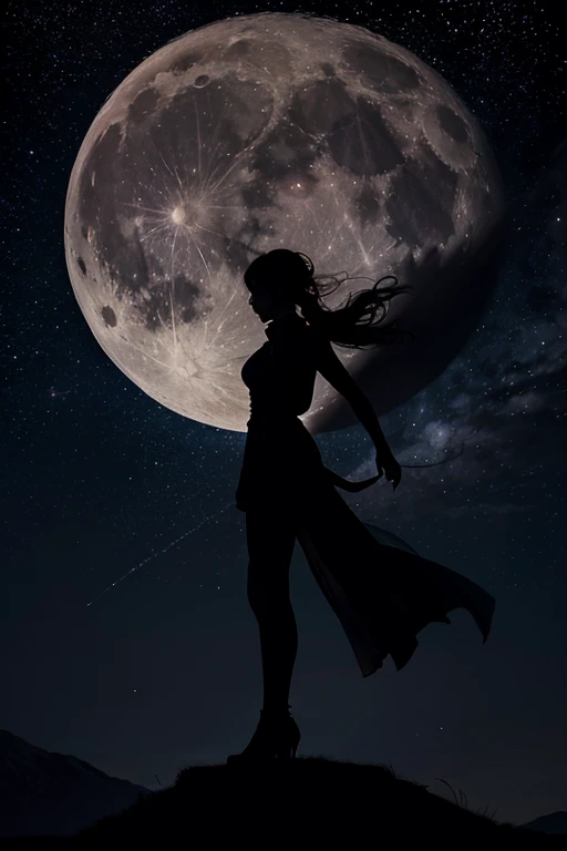 Highest quality,Big moon and shadow,A silhouette of a person can be seen against the backdrop of a large moon.,There is one full moon,There is a mood,Beautiful scenery,Starry Sky
