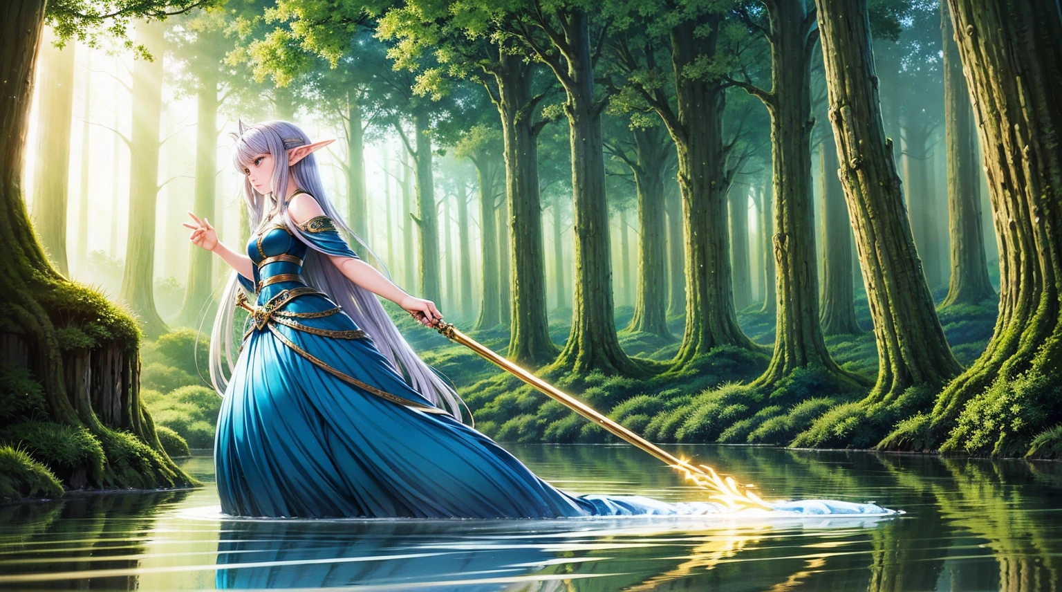 An elf woman with silver hair in the midst of an adventure, crossing a magical river in a mystical forest. She is alert and ready for action, with her long flowing silver hair, pointed ears, and elegant attire. The river is glowing with magical light and surrounded by ancient trees and mystical creatures. The elf woman is holding a staff, using its power to guide her way. The style is reminiscent of Japanese anime, with vibrant colors, expressive faces, and dynamic poses.