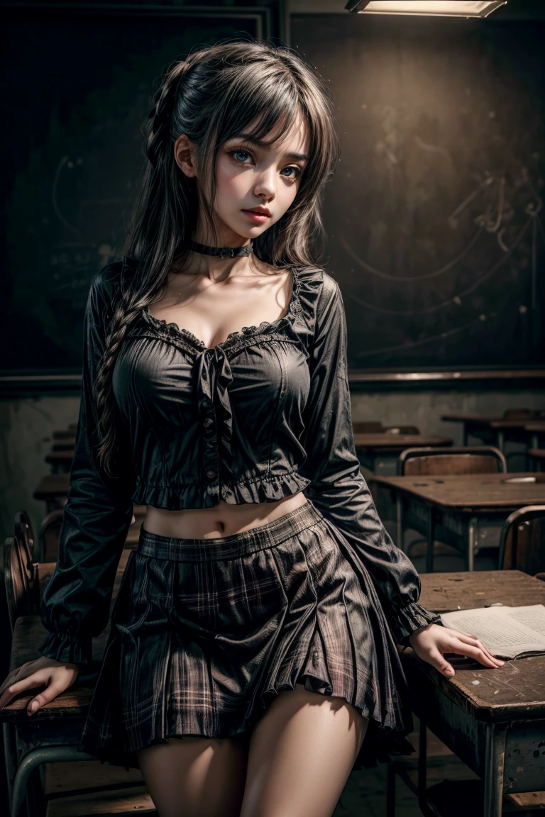 ((Best quality, 8k, Masterpiece :1.3)), 1girl, ta, loli classroom, spooky, dark shot, slate atmosphere, skinny, slim, skirt and blouse, scholar, study, academia , running, dimmed colors, horror still, tattered clothes, Ultra-detailed face, Detailed eyes, looking_scared