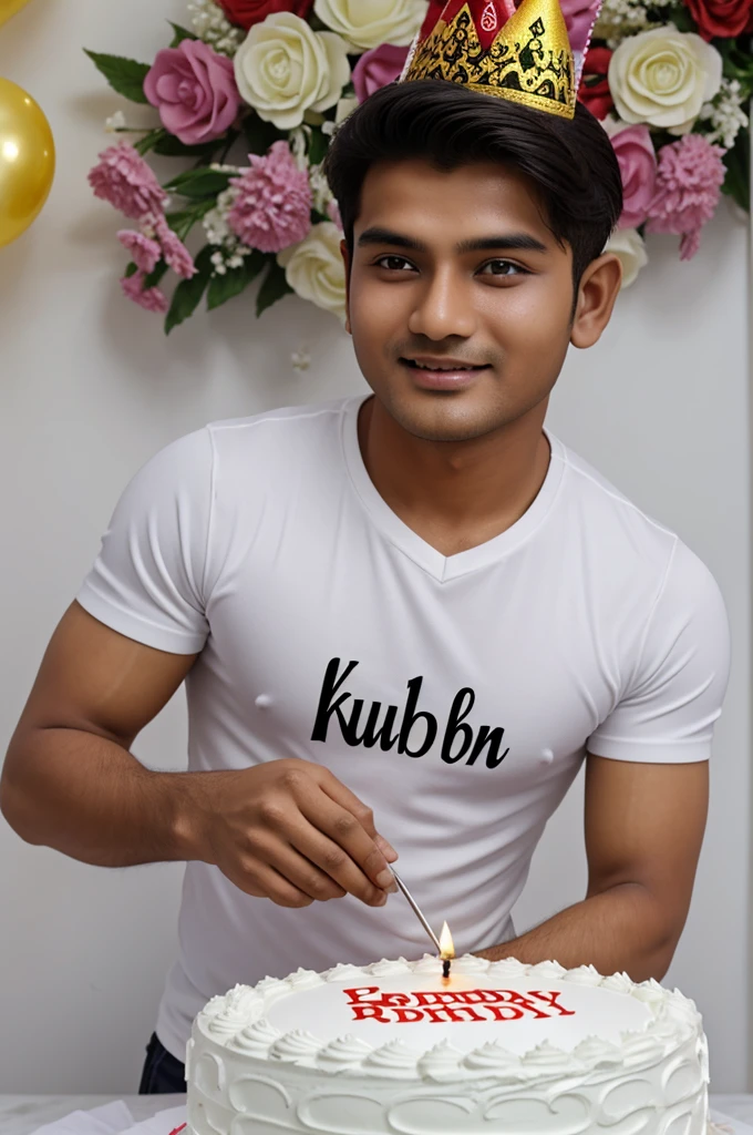 Create a 3d image in which nepali cute boy cutting cake wearing white color top with name "Kuber" is written clearly on the cake image features with birthday decorate view , realistic image
