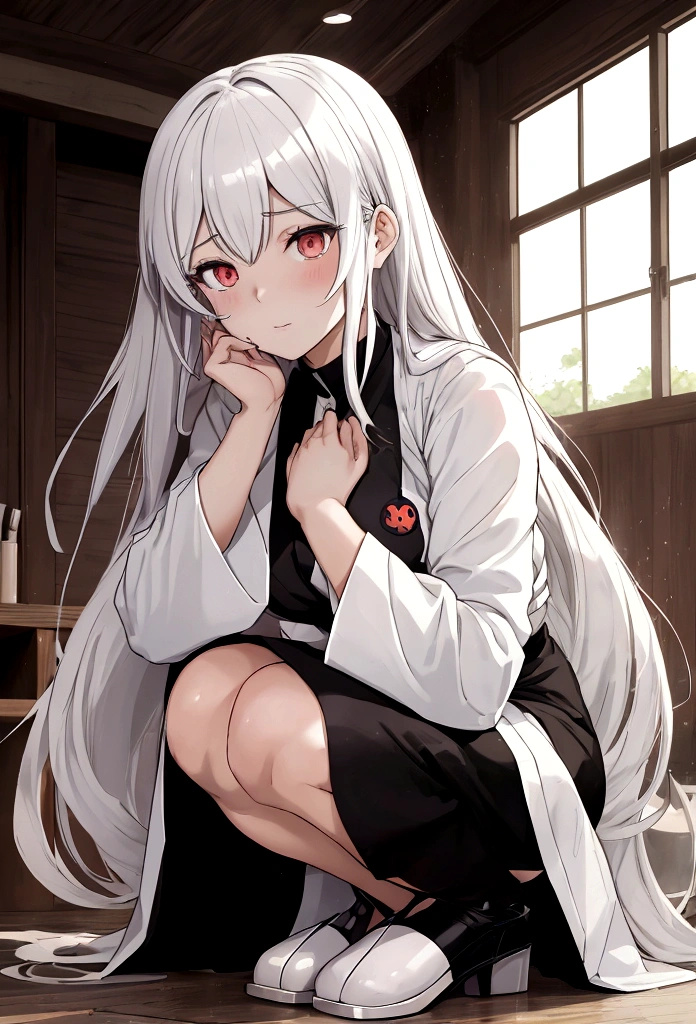 a picture of a woman in a white shirt is kneeling down, beautiful anime girl squatting, “anime girl, akane owari danganronpa, gapmoe yandere, black-white skintight robes!, by Jin Homura, ”beautiful anime woman, from attack on titan, hands behind her body pose!, thicc, from girls frontline