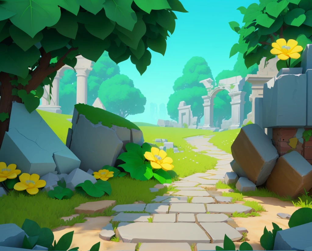 ruins,Stone road,Grass,flower,Vine,European and American cartoon style,Cartoon 3D,梦幻flower园风格,high quality
