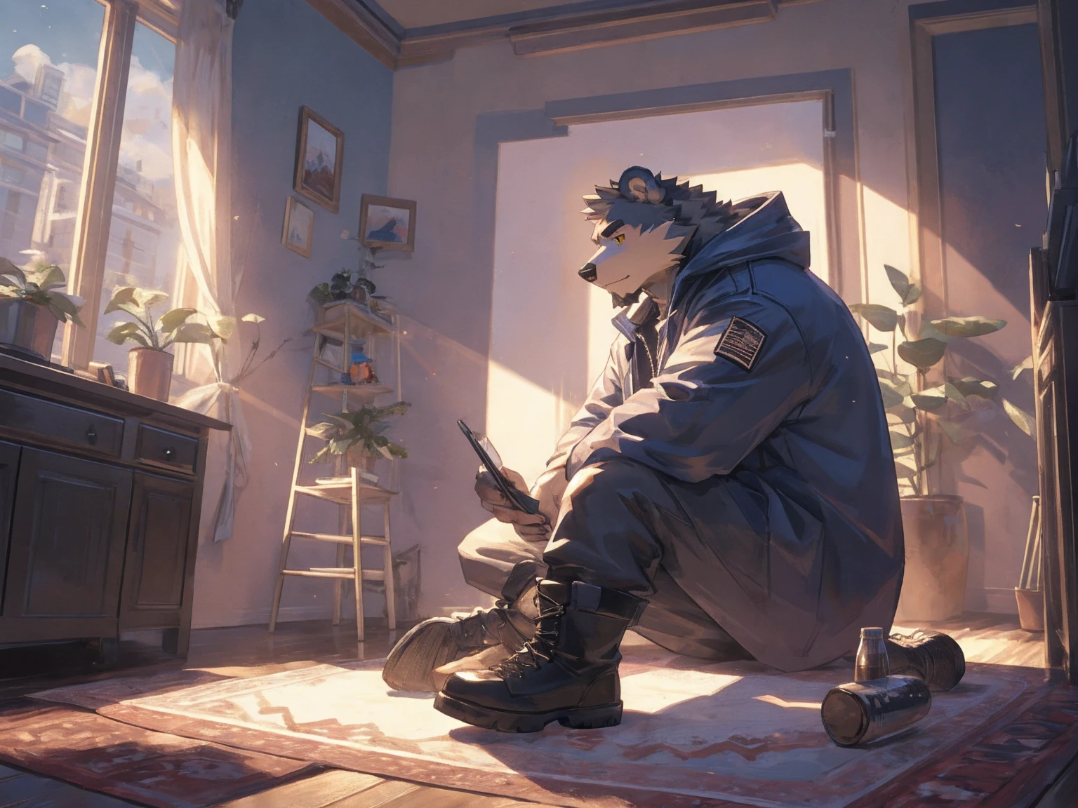 (masterpiece:1.2), best quality,pixiv,official art,perfect anatomy, (Ray tracing, light),solo, (1_male:1.3) , (muscle), (grey fur:1.4), (muscle bear), (beard:1.2), (gleaming golden eyes), bear tail, Thick black eyebrows, (open hooded parka) , (naked inside:1.2), cargo pants, (boots:1.2), (in the highfloor apartment: 1.3), indoor , fur carpet , cushion , rest on floor
