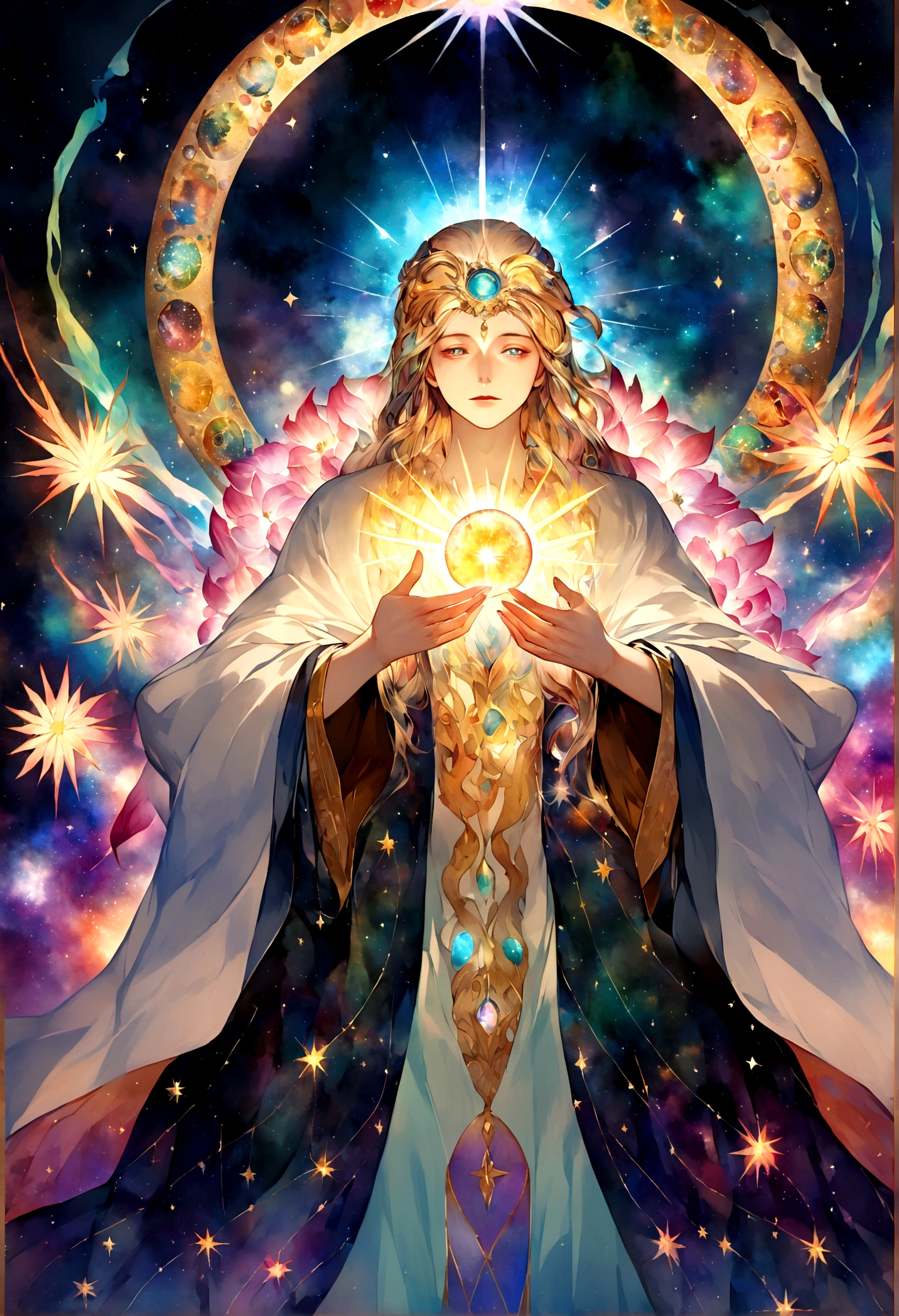 Create an image of "The Creator," a divine entity of great power and majesty. He should be depicted as an imposing and serene figure, with a radiant celestial aura surrounding him. His face expresses wisdom and benevolence, with deep eyes that reflect the universe. He wears a flowing robe of bright colors that blends with the light around him, symbolizing his connection to creation. His hands are open, emanating magical and creative energy that forms and shapes worlds. In the background, there should be a dazzling galaxy, representing the vastness of the cosmos he has created.