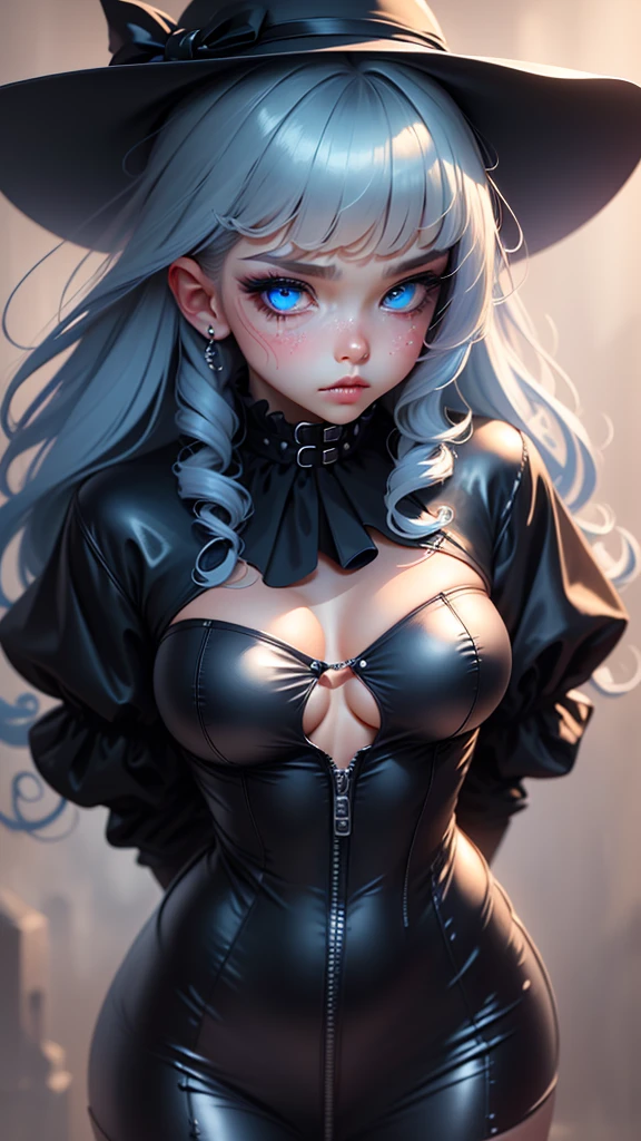frame binder, stationary restraints, arms behind back, blue eyes, blue hair, white hair, streaked hair, gloves, hat, white gloves, blue headwear, ahoge, black gloves, long sleeves, ascot, jewelry, brooch, black headwear, frills, underboob, shirt,more_details:-1, more_details:0, more_details:0.5, more_details:1, more_details:1.5,downblouse, loose t-shirt, leaning forward