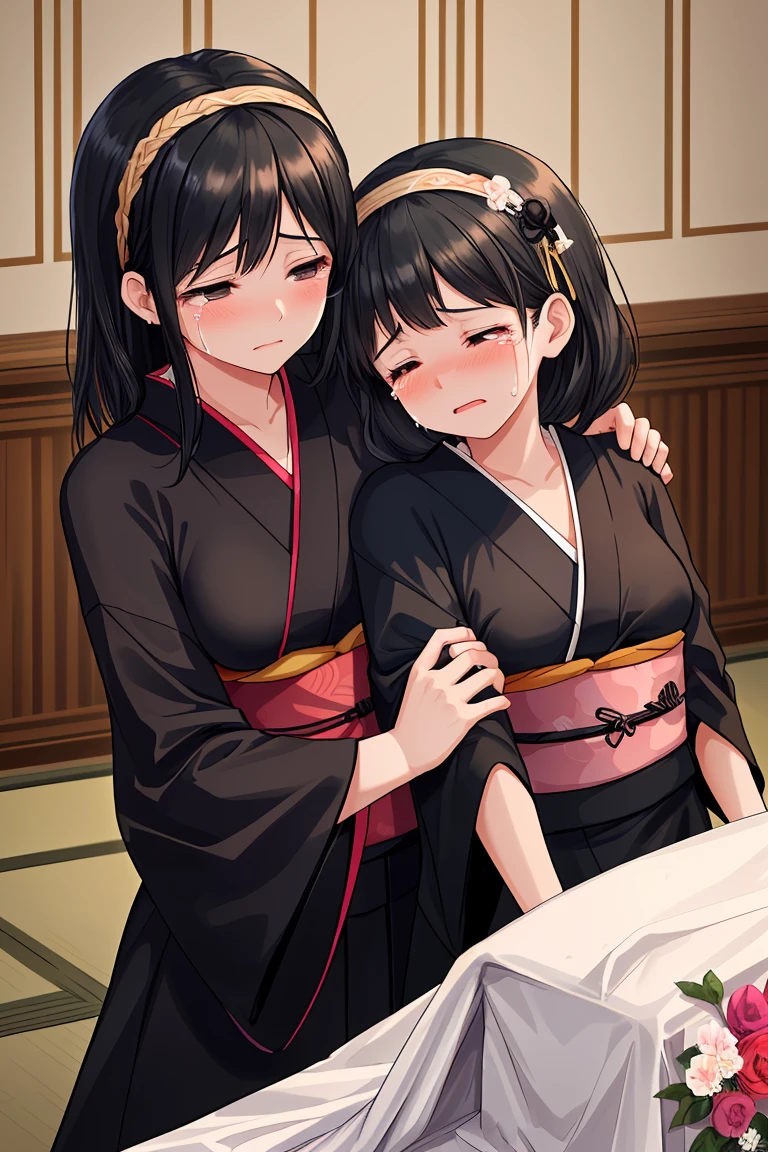 Beauty mother-in-law　Black Hair　Mother and daughter have beautiful breasts　hair band　black kimono mourning dress　funeral　Temple　Both mother and daughter are holding back tears.