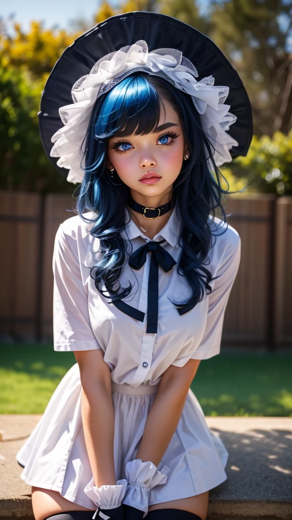 frame binder, stationary restraints, arms behind back, blue eyes, blue hair, white hair, streaked hair, gloves, hat, white gloves, blue headwear, ahoge, black gloves, long sleeves, ascot, jewelry, brooch, black headwear, frills, underboob, shirt,more_details:-1, more_details:0, more_details:0.5, more_details:1, more_details:1.5,downblouse, loose t-shirt, leaning forward