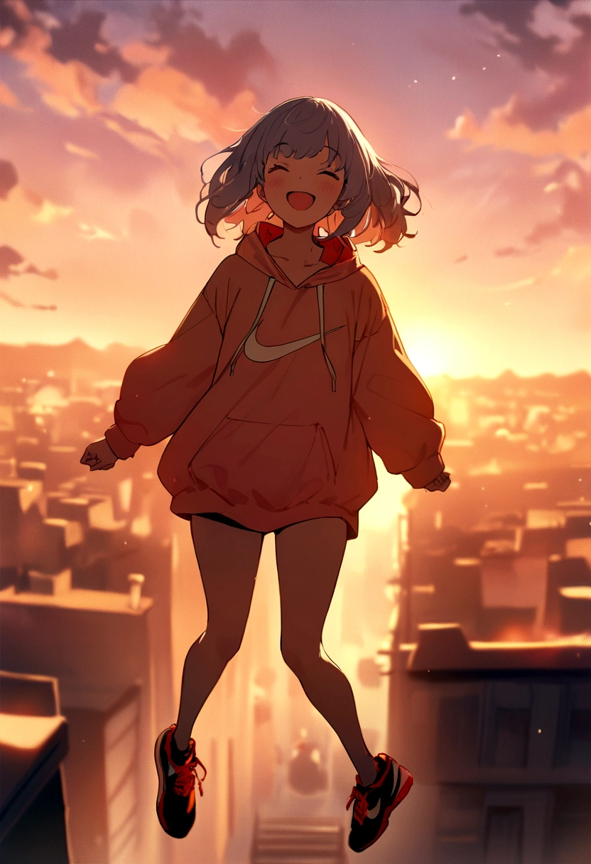 masterpiece, Highest quality, Movie stills, One girl, Two-headed character、Cloud Girl,、Wearing a Nike hoodie、Wearing Nike shoes, floating in the sky, close, bright, Happy, Warm and soft lighting, sunset, (spark:0.7)、