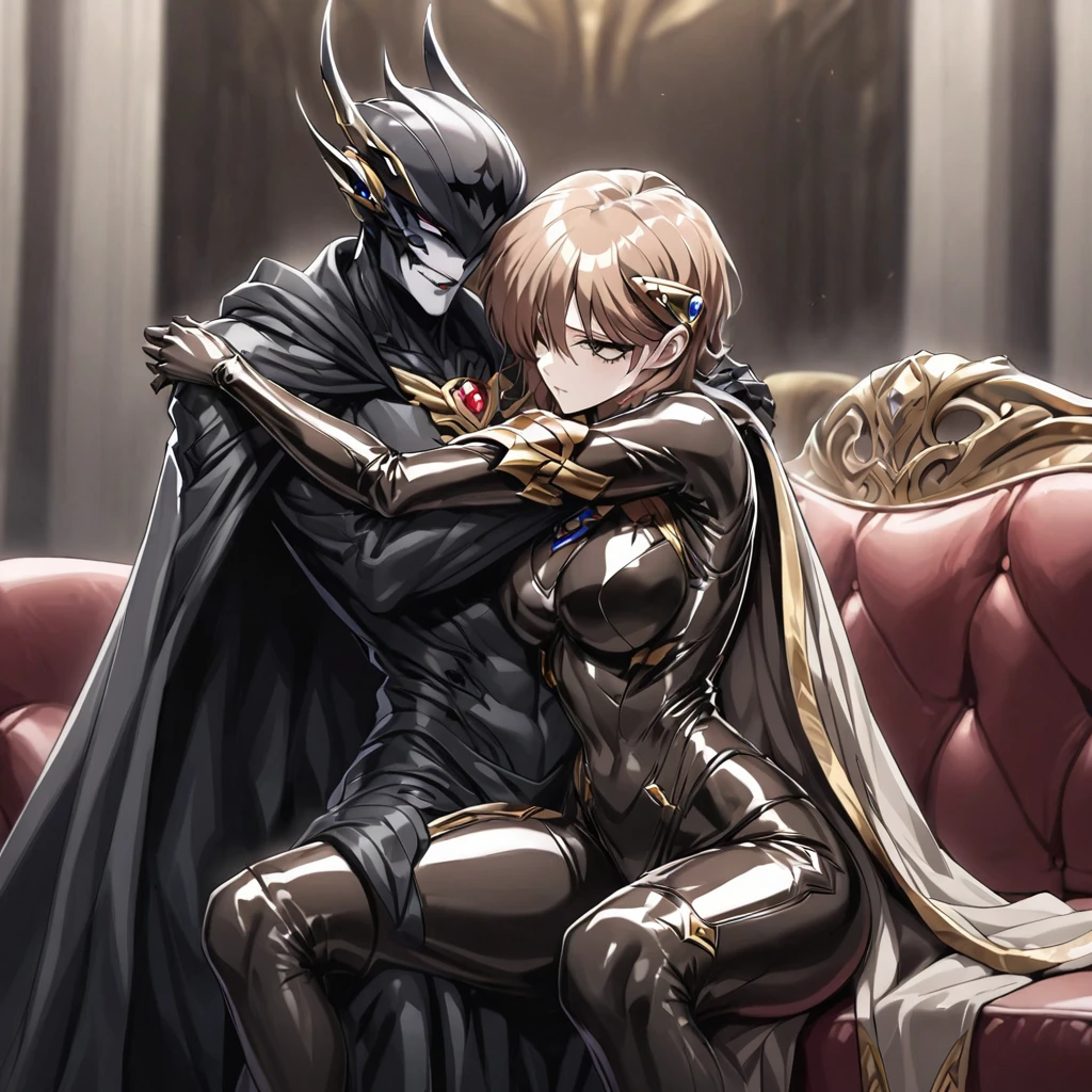 ((Highest quality)), ((masterpiece)), (detailed), (Perfect Face)、The woman is Princess Leona, with medium-long light brown hair, wearing a shiny, flashy, sexy, revealing black evil dress bodysuit, an open-front skirt, a cape and a headgear, and is an evil female executive who is standing next to a man who is the boss of a dignified evil organization.、Women are brainwashed, expressionless, and have no highlights in their eyes.、The woman is being held close by the powerful boss of an evil organization.、A strong male boss of an evil organization is sitting on a luxurious sofa, embracing and kissing a woman and showing her affection.、The man is a dignified and powerful boss of an evil organization, wearing a luxurious and stately evil bodysuit and cape.