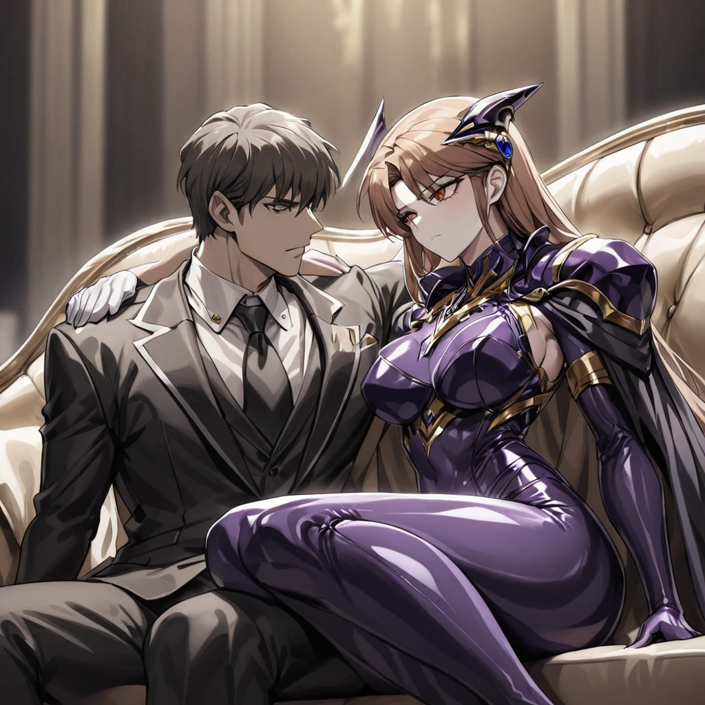 ((Highest quality)), ((masterpiece)), (detailed), (Perfect Face)、The woman is Princess Leona, with medium-long light brown hair, wearing a shiny, flashy, sexy, revealing black evil dress bodysuit, an open-front skirt, a cape and a headgear, and is an evil female executive who is standing next to a man who is the boss of a dignified evil organization.、Women are brainwashed, expressionless, and have no highlights in their eyes.、The woman is being held close by the powerful boss of an evil organization.、A strong male boss of an evil organization is sitting on a luxurious sofa, embracing and kissing a woman and showing her affection.、The man is a dignified and powerful boss of an evil organization, wearing a luxurious and stately evil bodysuit and cape.