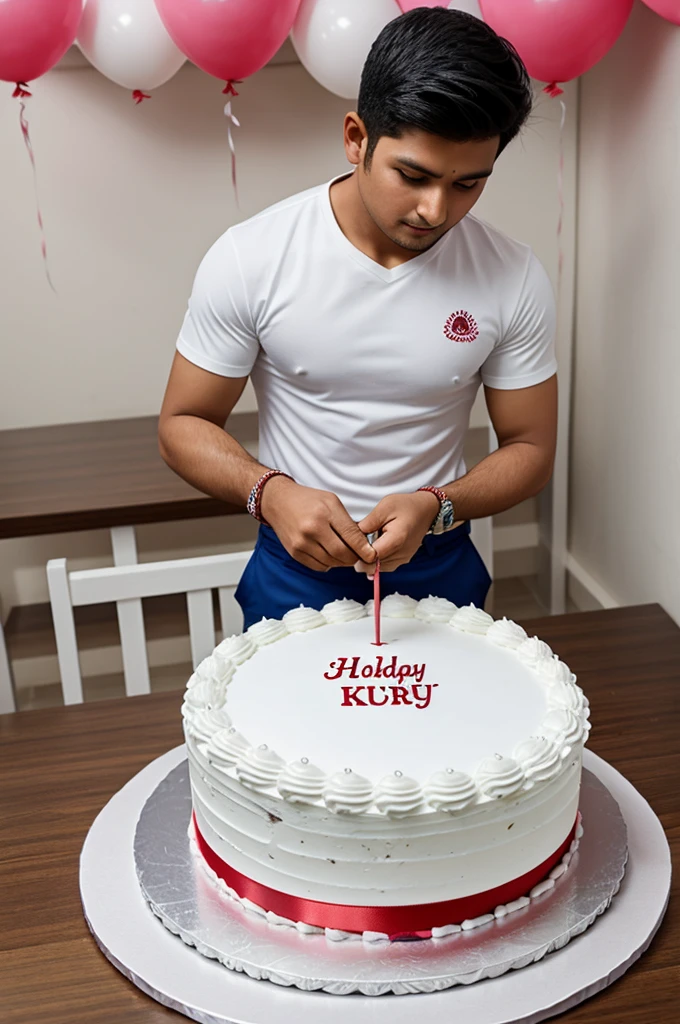 Create a 3d image in which nepali cute boy  cutting cake wearing  white color top with name is "Kuber"written clearly in  the cake image features with birthday decorate view , realistic image