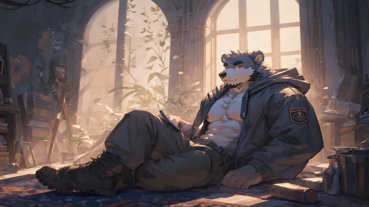 (masterpiece:1.2), best quality,pixiv,official art,perfect anatomy, (Ray tracing, light),solo, (1_male:1.3) , (muscle), (grey fur:1.4), (muscle bear), (beard:1.2), (gleaming golden eyes), bear tail, Thick black eyebrows, (open hooded parka) , (naked inside:1.2), cargo pants, (boots:1.2), in the skyscraper, indoor , fur carpet , cushion , rest on floor