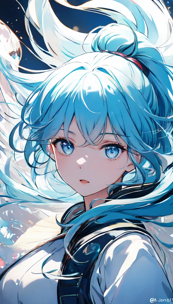 (masterpiece), (best quality), (Super detailed),(disheveled hair),(illustration), (1 girl), (Fashion clothing), Permanent, fashion model, looking at the audience, (interview), (Simple background),Beautiful and delicate eyes, Exquisite and beautiful face, floating,(High saturation),(Colorful splash),Colored bubbles,(shining), focus on face, ponytail, Ayaka Kamiuri, light blue hair, Bangs, hair tie, floating花朵, Floating hair, (shining), Optimal lighting, The best shadow,