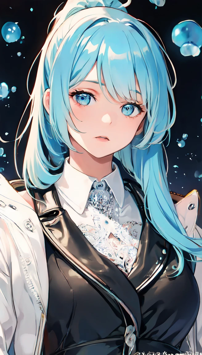 (masterpiece), (best quality), (Super detailed),(disheveled hair),(illustration), (1 girl), (Fashion clothing), Permanent, fashion model, looking at the audience, (interview), (Simple background),Beautiful and delicate eyes, Exquisite and beautiful face, floating,(High saturation),(Colorful splash),Colored bubbles,(shining), focus on face, ponytail, Ayaka Kamiuri, light blue hair, Bangs, hair tie, floating花朵, Floating hair, (shining), Optimal lighting, The best shadow,