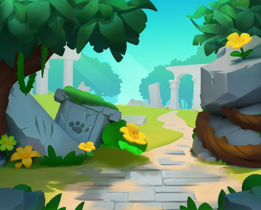 ruins,Stone road,Grass,flower,Vine,European and American cartoon style,Cartoon 3D,梦幻flower园风格,high quality