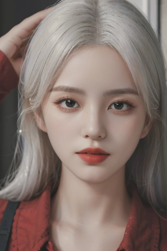 (4k, best quality, highres, absurdres, masterpiece:1.21), (realistic:1.331), detailed and intricate, 
1girl, white hair, red shirt, 