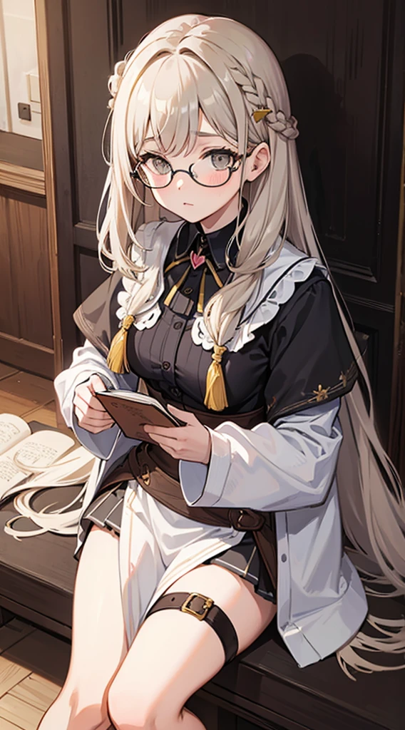 (masterpiece), best quality, expressive eyes, perfect face, school girl, shy, holding books, glasses 
Face: A beautiful heart shape face with gentle features.
Hair: Long, straight and black
Eyes: Light yellow eyes
Height: 160cm
Weight: 55 KG
Bust: 44 inch
Waist: 30 inch
Hips: 40 inch, dress, hair ornament, blush, breasts, 1girl