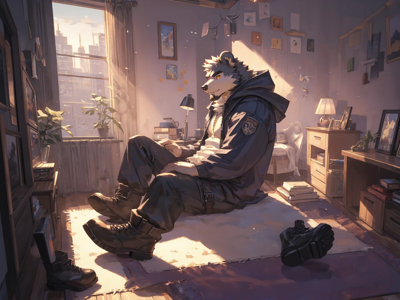 (masterpiece:1.2), best quality,pixiv,official art,perfect anatomy, (Ray tracing, light),solo, (1_male:1.3) , (muscle), (grey fur:1.4), (muscle bear), (beard:1.2), (gleaming golden eyes), bear tail, Thick black eyebrows, (open hooded parka) , (naked inside:1.2), cargo pants, (boots:1.2), (in the highfloor apartment: 1.3), indoor , fur carpet , cushion , rest on floor