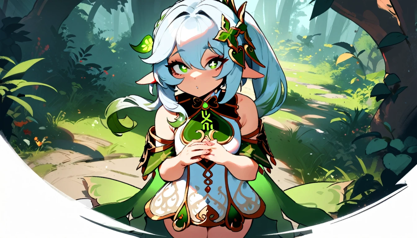 1girl, nahida \(genshin impact\), genshin impact \\\\\ masterpiece, best quality, very aesthetic, absurdres, newest \\\\\\ slim body,///// ,by nyantcha,cutesexyrobutts , by khyle,,////// beautiful face, sexy, , greenery,, jungle,birds etc, looking at viewer, big tits
