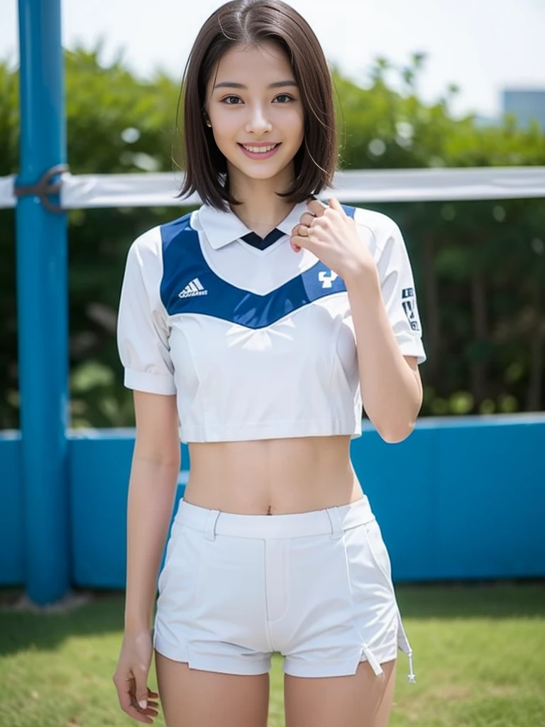 Glossy thighs、(8K、top-quality、masterpiece:1.2)、(realisitic、Photorealsitic:1.37)、ultra-detailliert、top-quality、超A high resolution、professionally lit、Photon mapping、Radio City、physically-based renderingt、Cinematic lighting、depth of fields,Focusing,Sun'rays,Good composition,,(((1 girl ))),Double eyes、(((white Volleyball uniform 、Dark blue high-leg low-rise bloomers)))、Gymnasium、A big smile、Gymnasium Court, (Tween model, 12 year oldg)), Ethereal beautiful, slim, very beautiful short hair,Colossal tits、 Toned abs, short cut hair、Soft light, ((David Hamilton Style)),
