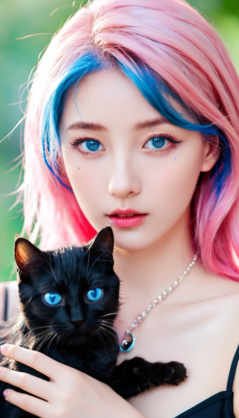 Girl with cat, Black Cat, Pink Hair,Blue Eyes, avatar