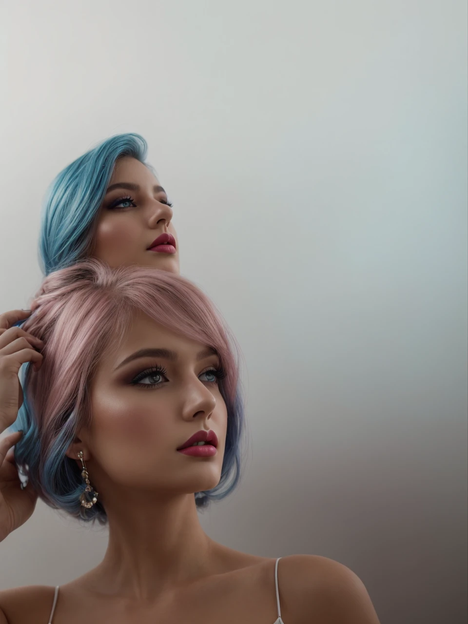 (Best quality,8K,A high resolution,Masterpiece:1.2, DSLR, 16k ),Ultra-detailed,(Realistic,Photorealistic,photo-realistic:1.37),Portrait, Creative style artwork, Historical, classical, Sophisticated, plethora of colors ,Highly detailed, Soft lighting, luxurious environment , black dress, there is young woman , girl wearing a red classy royal dress, performing a music video, slim fit (oval perfect shape, asymmetrical face structure, perfect proportion, almond eye type, hazal eye color, detailed eyes, blue hair color, 32 inch breasts, hourglass figure, slim body, pale white skin tone ,sexy girl, 25 years old, soft wavy hair, looking away, attitude expression, professional makeup, pink lips)