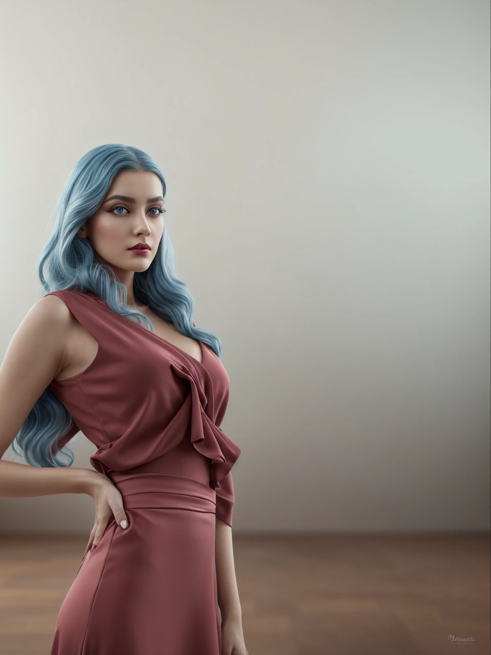(Best quality,8K,A high resolution,Masterpiece:1.2, DSLR, 16k ),Ultra-detailed,(Realistic,Photorealistic,photo-realistic:1.37),Portrait, Creative style artwork, Historical, classical, Sophisticated, plethora of colors ,Highly detailed, Soft lighting, luxurious environment , black dress, there is young woman , girl wearing a red classy royal dress, performing a music video, slim fit (oval perfect shape, asymmetrical face structure, perfect proportion, almond eye type, hazal eye color, detailed eyes, blue hair color, 32 inch breasts, hourglass figure, slim body, pale white skin tone ,sexy girl, 25 years old, soft wavy hair, looking away, attitude expression, professional makeup, pink lips)