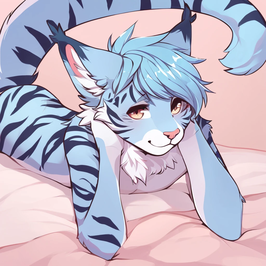 adult, feline, mammal, anthro, anthropomorphic, cat, striped, fur, furred_anthro, femboy, male, light_blue, pink_ears, ear_tufts, purple, paws, hair_tuft, hair_between_eyes, long_tail, fluffy, gentle_expression, expressive_eyes, slightly_smiling light_blue_hair, light looking_at_viewer, blue_fur, shy, small_pupils, spotted_pattern, stripes, tiger_stripes, digital_art, high_resolution, high_res, background shy, lying_down, relaxed_pose, one_arm_supporting_head, seductive_face, head_visible, neck_visible