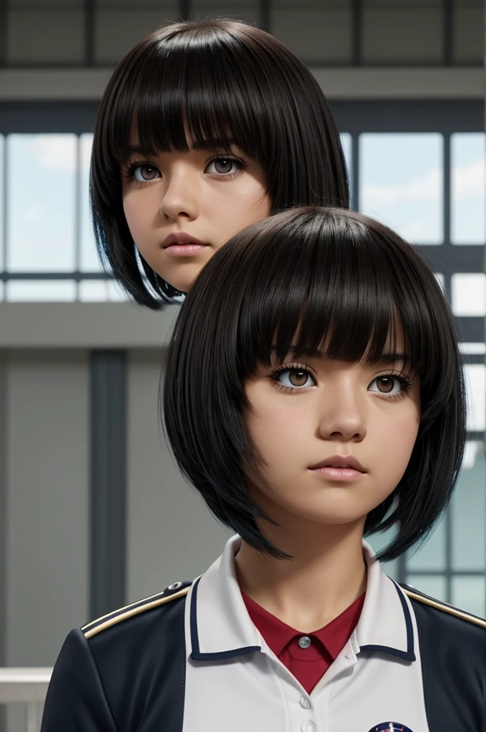 Screenshot of my hero academia Girl with medium short black hair with tufted bangs and blonde bangs expressing seriousness with dark brown eyes wearing UA uniform and with UA background