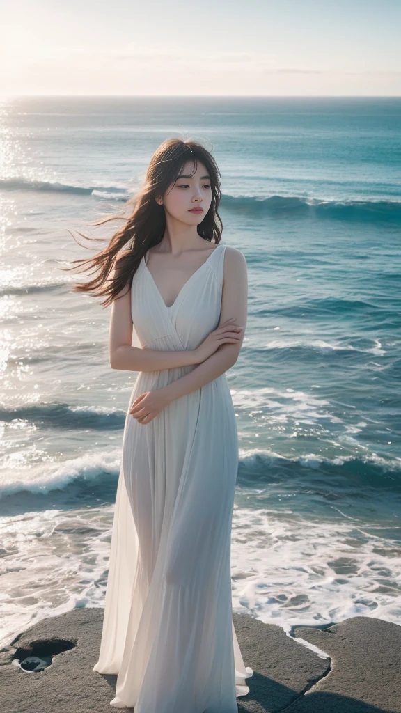 A stunning Japanese model-actress in her late 20s, showcasing timeless beauty with impeccable, real-looking skin captured in 4K resolution. Her smooth, fair skin has a natural, slightly dewy finish, highlighting her healthy, radiant complexion. She has straight, jet-black hair that frames her face perfectly, falling just past her shoulders. Her large, almond-shaped eyes are a deep, warm brown, exuding both confidence and elegance. She is dressed in a flowing, elegant white gown. The image is focused on her face and shoulders, capturing her serene expression and the fine details of her features. The background shows a serene beach at sunset, with the golden light of the setting sun casting a warm glow on her face. The composition highlights her captivating presence, with her calm and contemplative expression and a subtle, enigmatic smile.