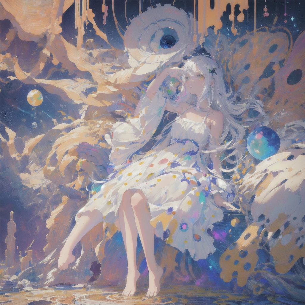 (masterpiece, best quality:1.2), (ultra detailed),(illustration), wallpaper, original, 1girl, messy white hair, spaghetti strap, white dress, bare legs, White socks, bare arms, space, Earth background, near-earth orbit, full body, ,(surrounded by colorful splashes and dot),colorful bubble,(shining)