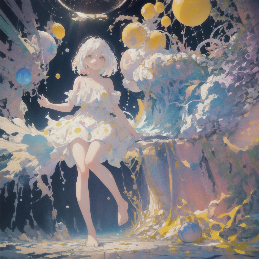 (masterpiece, best quality:1.2), (ultra detailed),(illustration), wallpaper, original,
1girl, messy white hair, spaghetti strap, white dress, bare legs, bare feet, bare arms, space, Earth background, near-earth orbit, full body,
,(surrounded by colorful splashes and dot),colorful bubble,(shining)