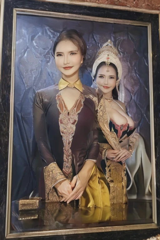 (masterpiece, best quality:1.2),Okita apricot pear, Solitary,,The eyes are delicate and delicate,Exquisite hair color,( Wear a sexy Javanese traditional queen dress:1.2),Soft tones,Pink lips, Huge Breasts(masterpiece), best quality, expressive eyes, perfect face, couple, large_breasts_low_claveage1girl, 1boy, black_hair, necktie, signature_Udin&Sulis(letter), looking_at_viewer, holding, smile, jewelry, photo_(object), dated, Indonesian_javanesse_traditional_wedding_couple_dress, long_sleeves