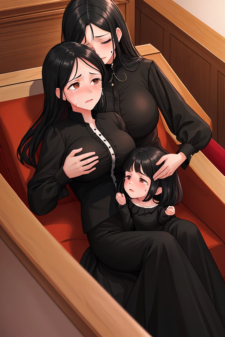 Beauty mother-in-law　Black Hair　Mother and daughter have beautiful breasts　Black mourning clothes　funeral　funeral home　 of husband　Both mother and daughter are holding back tears.
