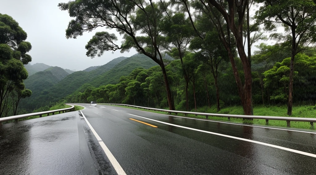 The footpath on the side of the road has cars parked on the side of the road in the rainy season atmosphere.
