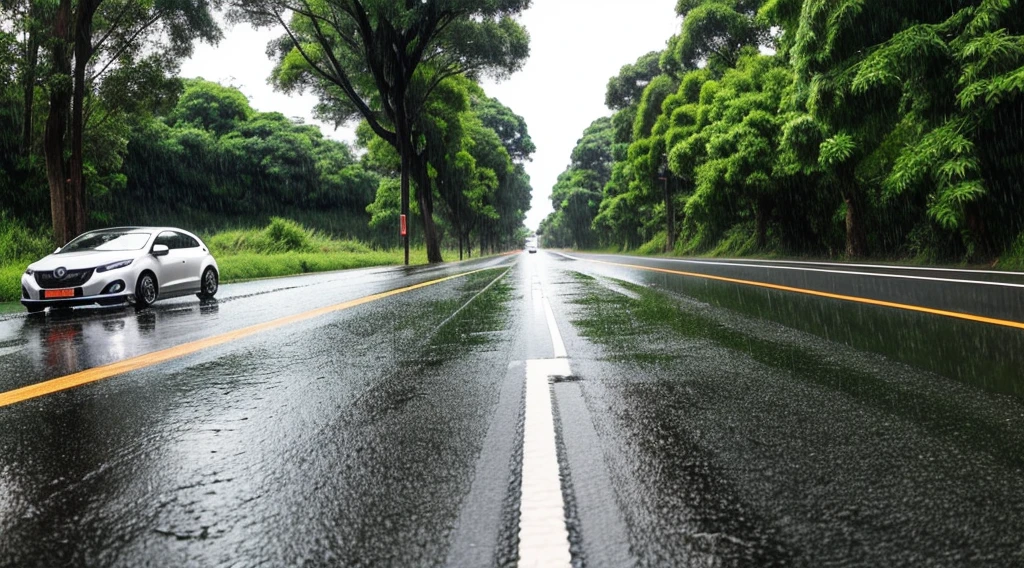 The footpath on the side of the road has cars parked on the side of the road in the rainy season atmosphere.