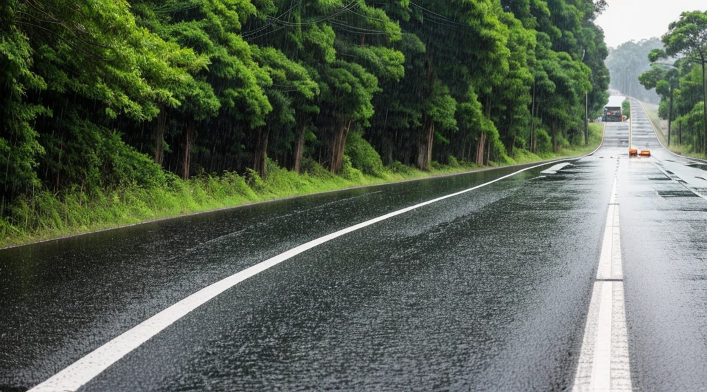 The footpath on the side of the road has cars parked on the side of the road in the rainy season atmosphere.