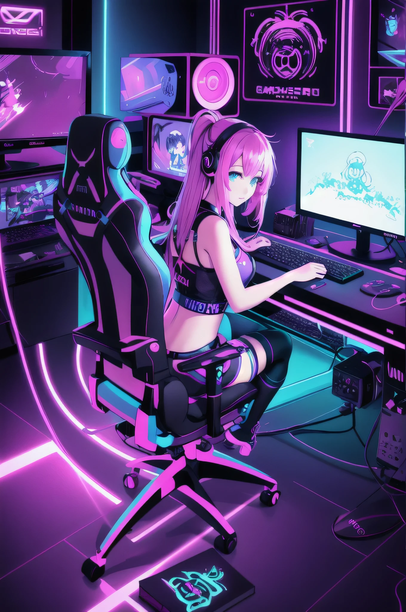 Masterpiece, best illustration, gaming bedroom.
Gamer girl sitting at gaming desk. Multiple monitor setup, neon lighting, colourful and cute.
She wears low waist thing, perfect arse. bra top, gamingpad, thigh high socks.
waporwave style, ultra-detailed, best shadow, perfect lighting, perfect anatomy, vivid colours.