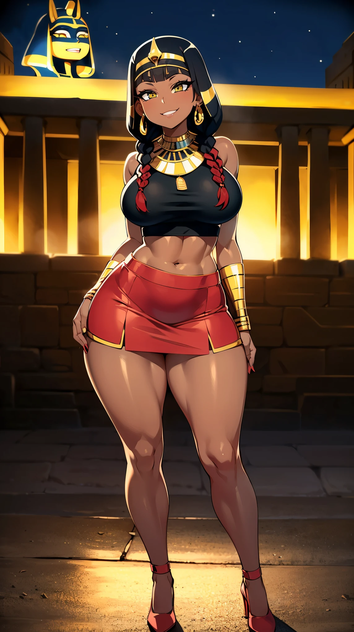 4K Quality, grinning, sexy pose, (black egyptian crop top and skirt), standing up, ((black and red braids)), (dark skinned), thick thighs, big breasted, big ass, looking at viewer, amber eyes, night time, bedroom eyes, full body, egyptian city background, perfect face, perfect body, perfect eyes,