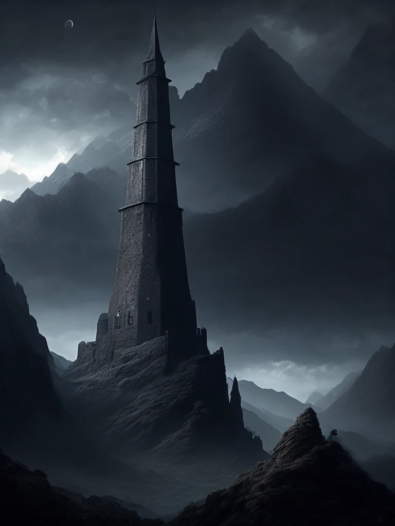 black tower, citadel, fortress, night, cloudy, mountains, dark fantasy