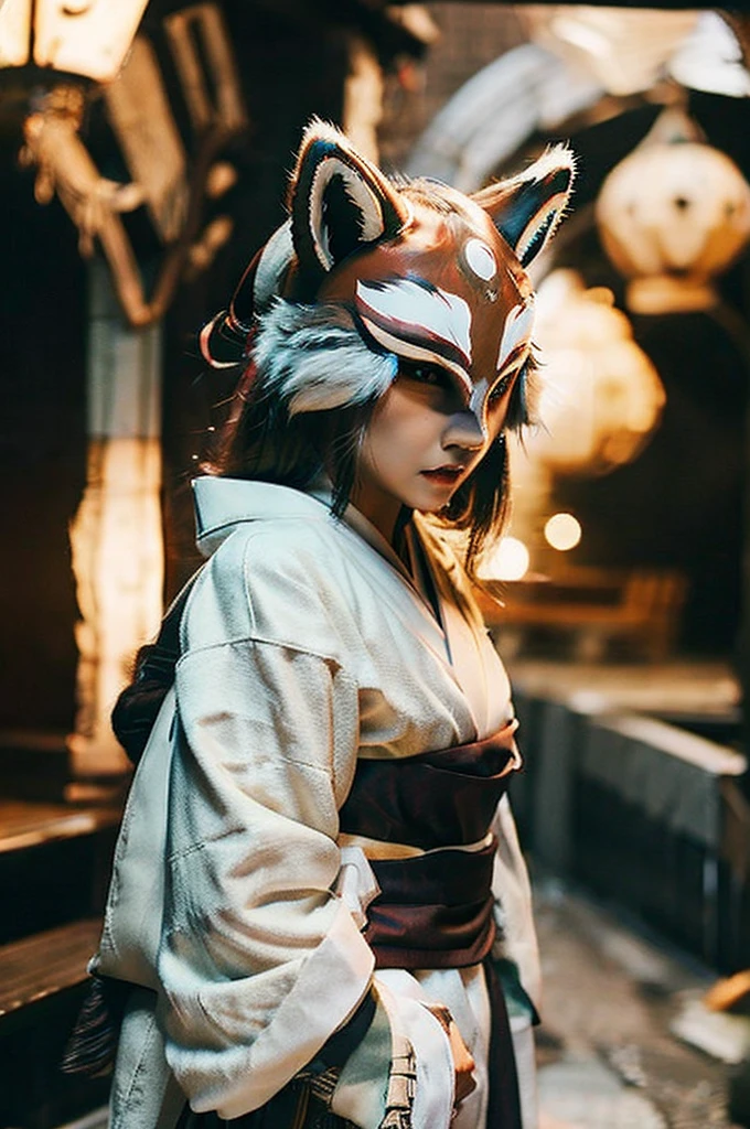 Woman with furry face、fox mask、Fox ears、White kimono、shout、night、Japan Road、shrine、Low - Angle、Dynamic composition、Background blur
