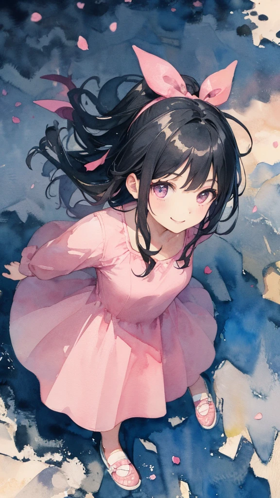 8K,masterpiece,best quality, (from above:1.6) ,Dynamic poses,-yeld giwaiting for spring, Bright Lights, Long hair, wind、 Smile, watercolor \(Ease\),watercolor,(Tight pink dress:1.3)Black Hair
