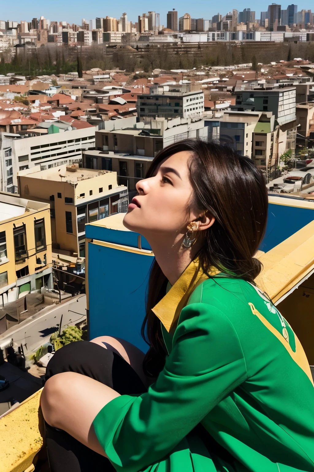 a woman was sitting on top of a building looking up at the blue sky. wearing green clothes mixed with gold. against the backdrop of a city destroyed by war