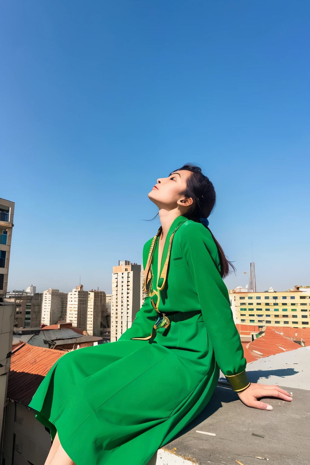 a woman was sitting on top of a building looking up at the blue sky. wearing green clothes mixed with gold. against the backdrop of a city destroyed by war