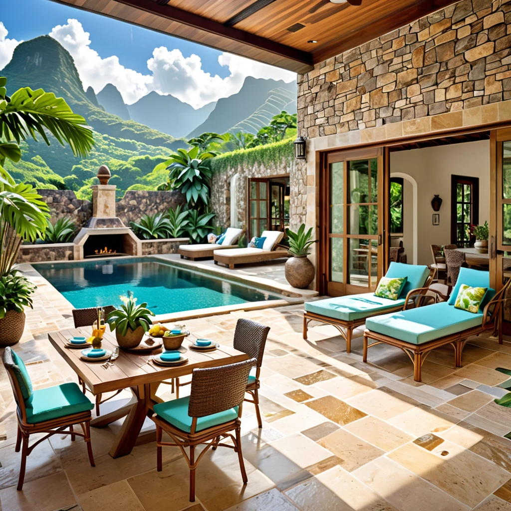 Create a luxurious and tropical courtyard with an inviting pool. The setting should feature rustic stone walls, large wooden doors, and a view of lush greenery and mountains in the background. Include comfortable outdoor seating with woven rattan chairs, a small dining table, and tropical plants around the pool area. The pool should have clear, turquoise water and a serene atmosphere, capturing the essence of a tropical paradise.
