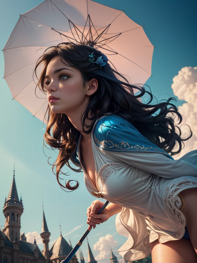 A girl floating in the air holding a large colorful umbrella, low angle view, blue sky background, (best quality,4k,8k,highres,masterpiece:1.2),ultra-detailed,(realistic,photorealistic,photo-realistic:1.37),fantasy,magical realism,dreamy,whimsical,vibrant colors,dramatic lighting,soft focus,cinematic,intricate details,stunning composition